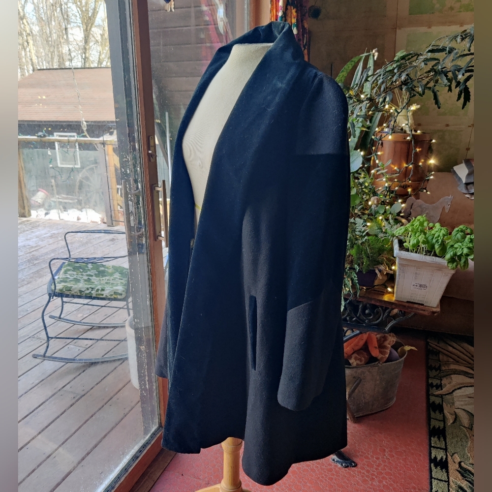 80s Donnybrook Wool Velvet Open Car Coat Women's 12 Black Trapeze Minimalist - Picture 2 of 16